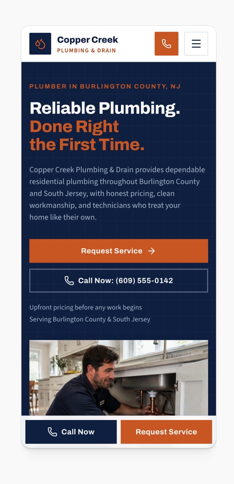 Copper Creek homepage on mobile with stacked headline and full-width call-to-action buttons