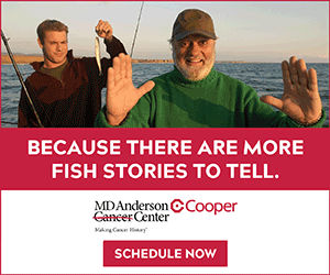 Animated display ad for MD Anderson Cancer Center at Cooper cycling through three frames: Because there are more fish stories to tell, Get a second opinion from the experts, and A second opinion gives you more: information, options, confidence, each with a Schedule Now button