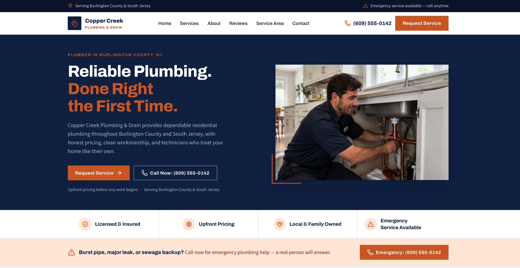 Copper Creek Plumbing & Drain desktop homepage with navy hero, headline and Request Service button
